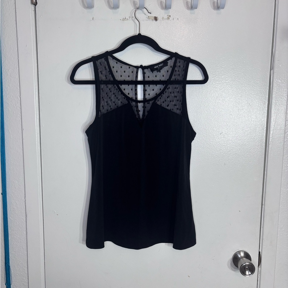 Nine West Black Sheer Dot Mesh Yoke Top - Size Small